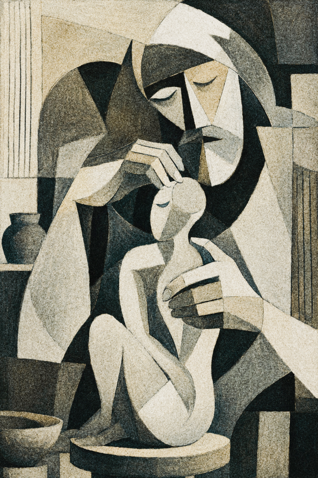 Neutral-toned abstract illustration of figures in a formation scene.